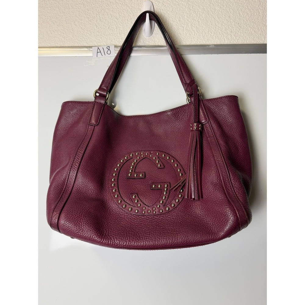 Gucci Soho Studded Tote Bag Burgundy Pebbled Leather Interlocking G Tassel